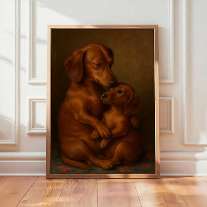 Dachshund Mom And Puppy Canvas Wall Art, Heartwarming Sausage Dog Painting, Wiener Dog Lover Gift
