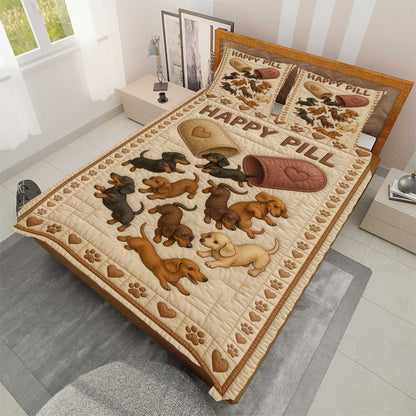 Happy Pill Quilt Set With Dachshunds, Warm Soft Bedding For Dog Lovers Bedroom Decor