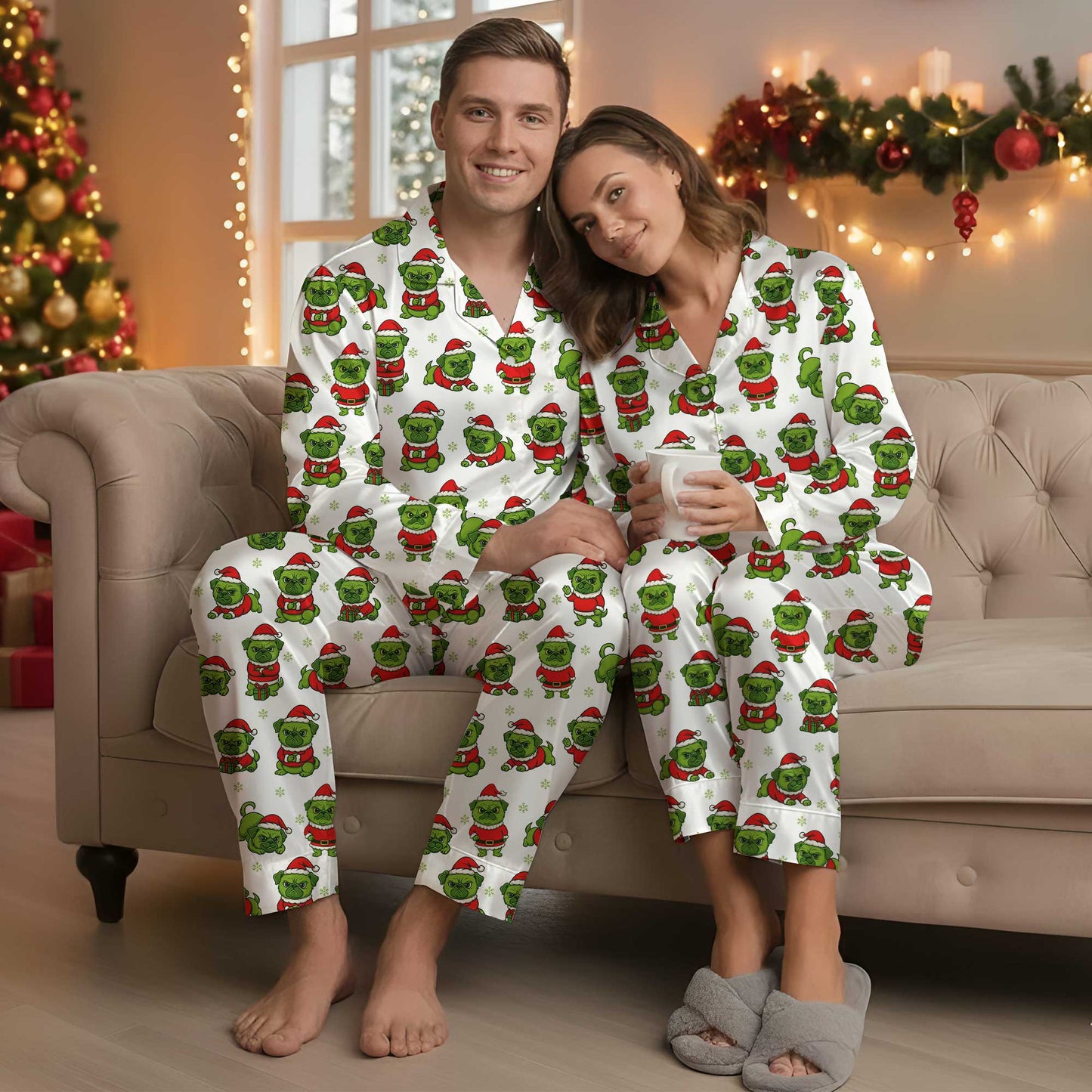 Merry Pugmas Holiday Pajamas, Pattern Xmas Pugs Pajamas Set, Pet Lover Christmas Pyjamas For Family