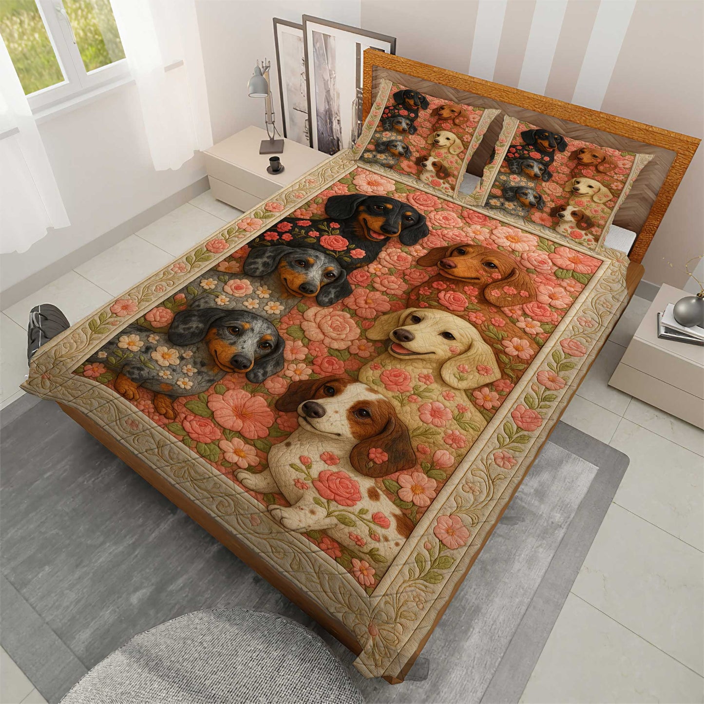 Adorable Dachshund Dog Bedding With Roses Pattern, Floral Dachshund Quilt Set