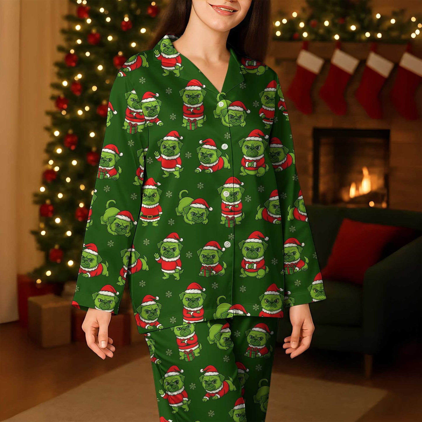 Pattern Christmas Pugs Pajamas Set, Merry Pugmas Holiday Pajamas,  Pet Lover Christmas Pyjamas