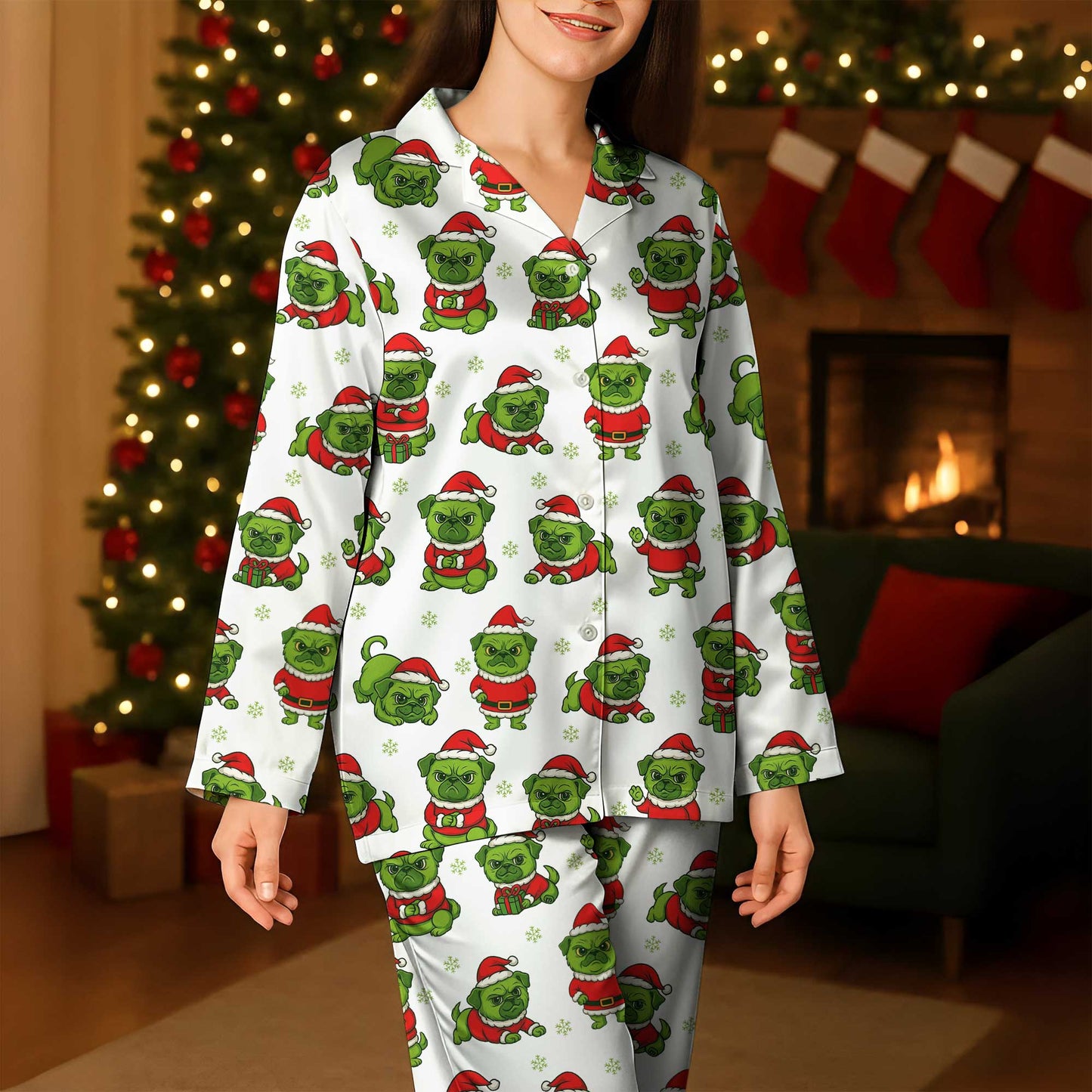 Merry Pugmas Holiday Pajamas, Pattern Xmas Pugs Pajamas Set, Pet Lover Christmas Pyjamas For Family