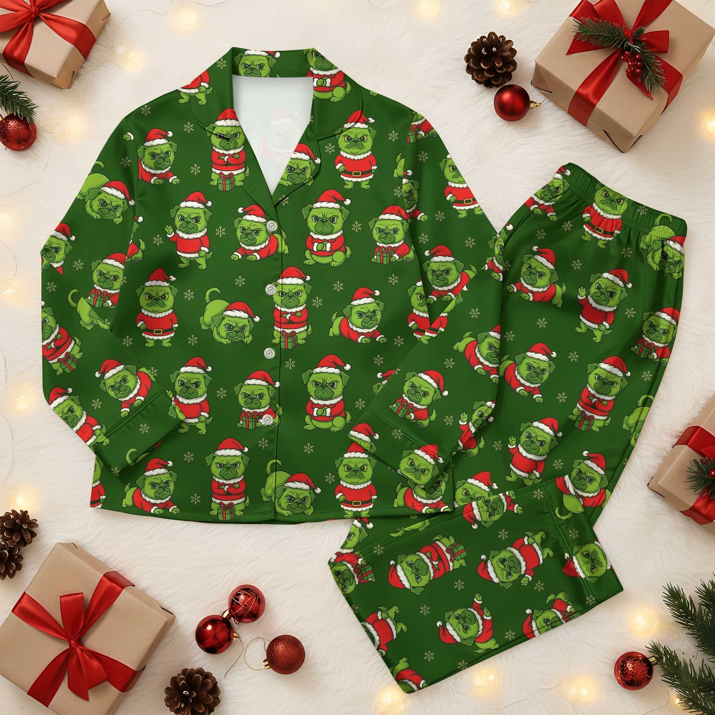 Pattern Christmas Pugs Pajamas Set, Merry Pugmas Holiday Pajamas,  Pet Lover Christmas Pyjamas