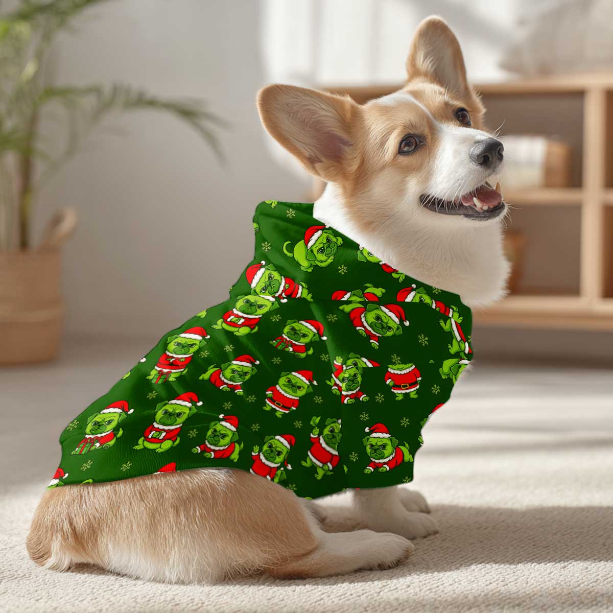 Christmas Dog Hoodie, Pug Xmas Pattern Dogs Hoodie, Pet Hoodie For Dog Lover, pug in a hoodie