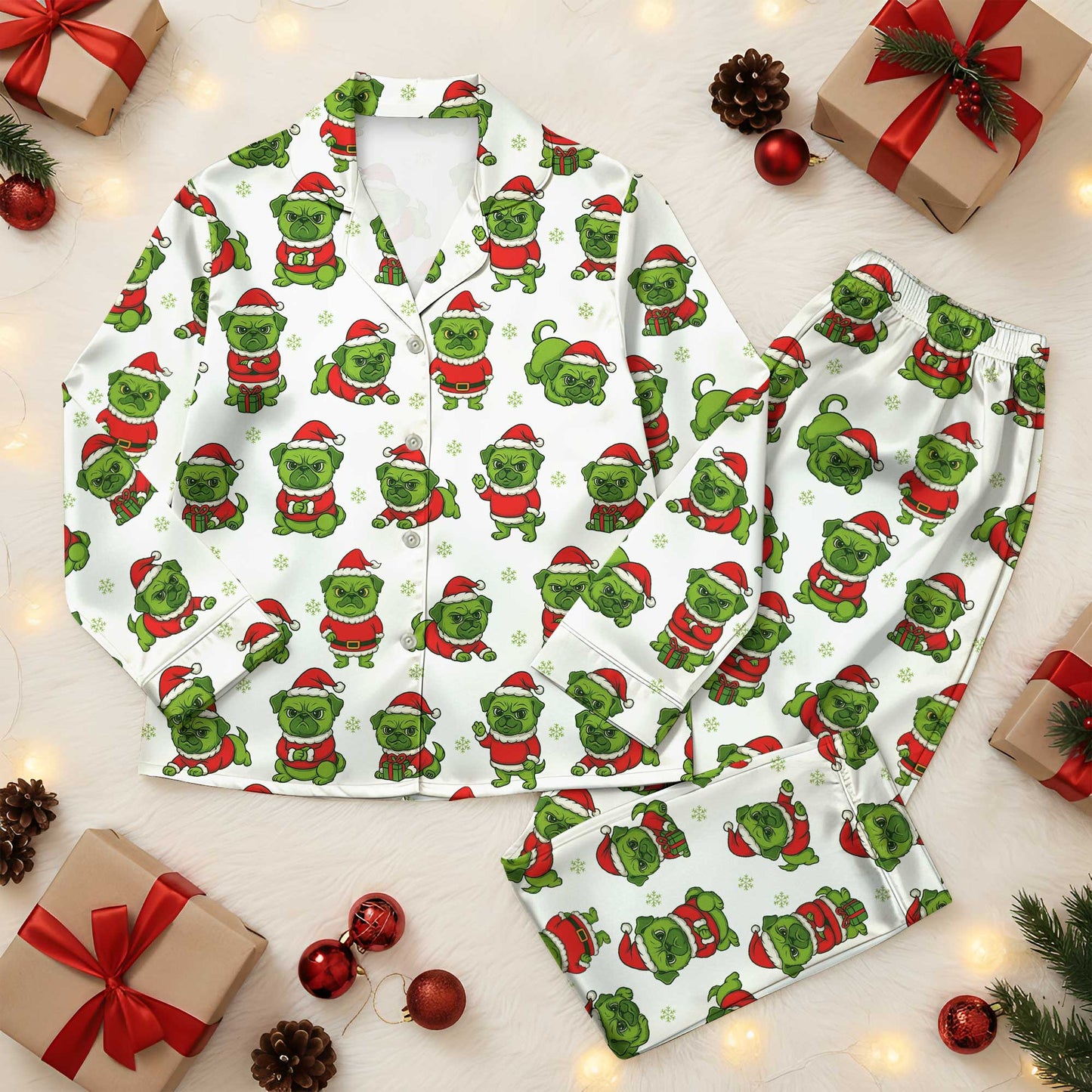 Merry Pugmas Holiday Pajamas, Pattern Xmas Pugs Pajamas Set, Pet Lover Christmas Pyjamas For Family