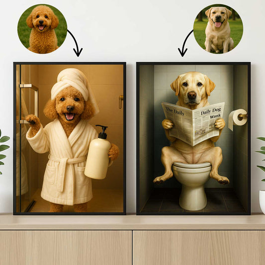 Shower Time and Toilet Reading Dog Funny Canvas, Hilarious Badass Pet Art