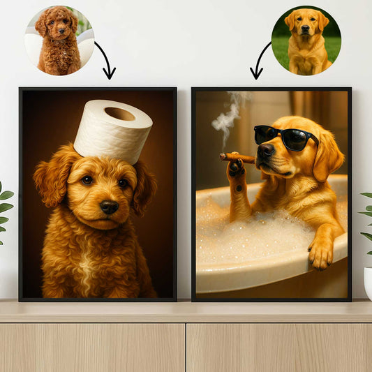Toilet Paper Hat And Cool Bath Cigar Style Whimsical Dog Canvas, Silly Bathroom Moments Pet Art