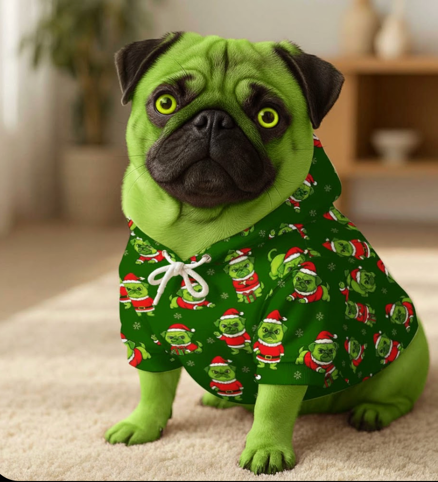 Christmas Dog Hoodie, Pug Xmas Pattern Dogs Hoodie, Pet Hoodie For Dog Lover, pug in a hoodie