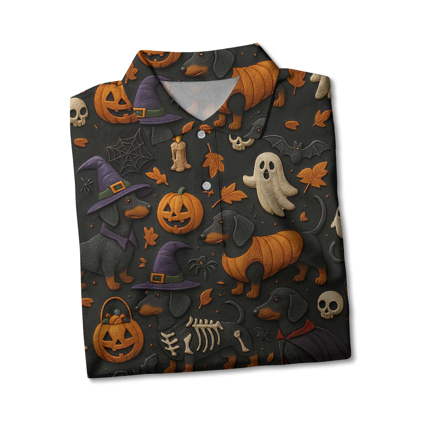 Pattern Dachshund Shirt, Halloween Dog Shirt, Pumpkin Ghost Skeleton Black Shirt