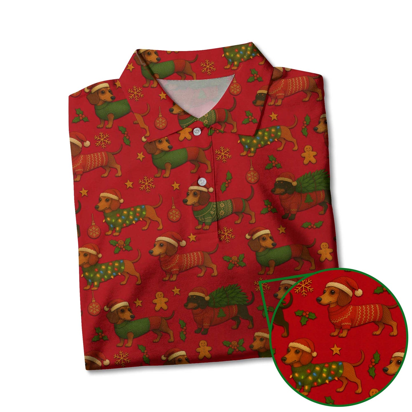 Festive Holiday Shirt, Dachshund Shirt, Weiner Dog T Shirt, Pattern Polos For Christmas