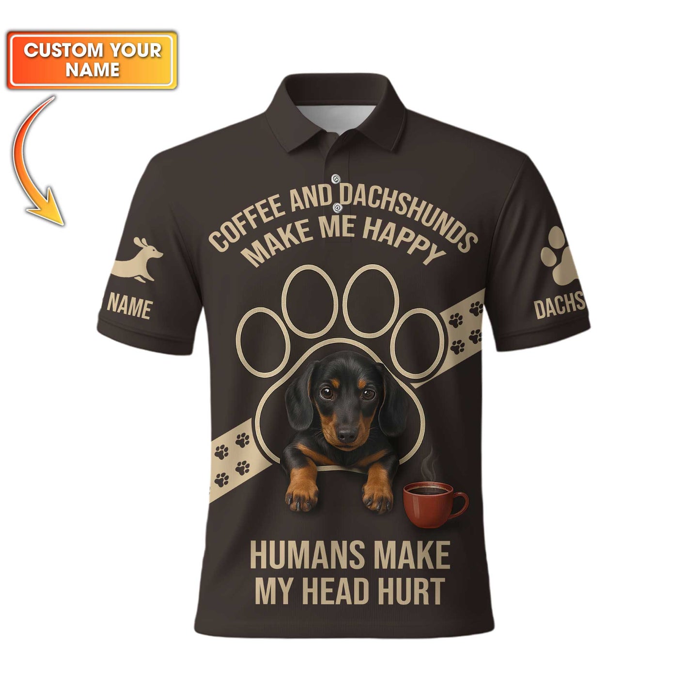 Coffee Dachshund Shirt, Funny Weiner Dog T Shirt, Pattern Polos For Spooky Season, Custom Name Shirt