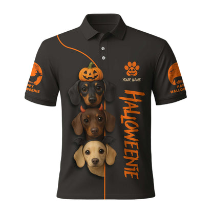 HalloWeenie - Dachshund Holiday Shirt, Christmas Tree Weiner Dog Tee, Pattern Polos For Spooky Season - Custom Name Shirt