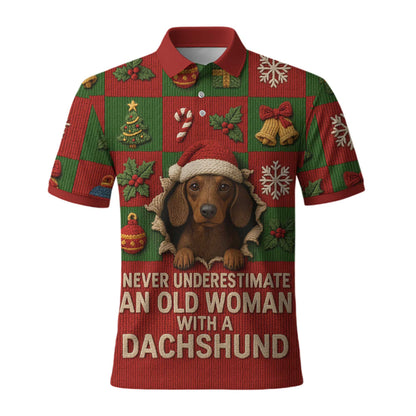 An Old Woman With A Dachshund, Dachshund Shirt Women's, Weiner Dog Tee, Pattern Polos For Spooky Season