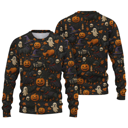 Pattern Dachshund Shirt, Halloween Dog Shirt, Pumpkin Ghost Skeleton Black Shirt