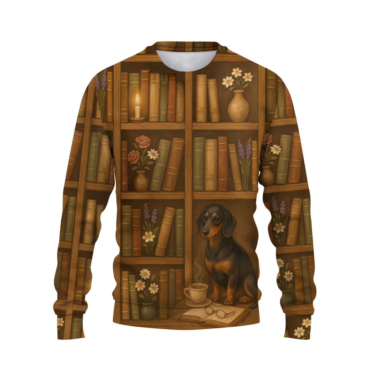 Cozy Bookshelf Design With Dog, Coffee And Candlelight, Dachshund Shirt, Dachshund Sweatshirt