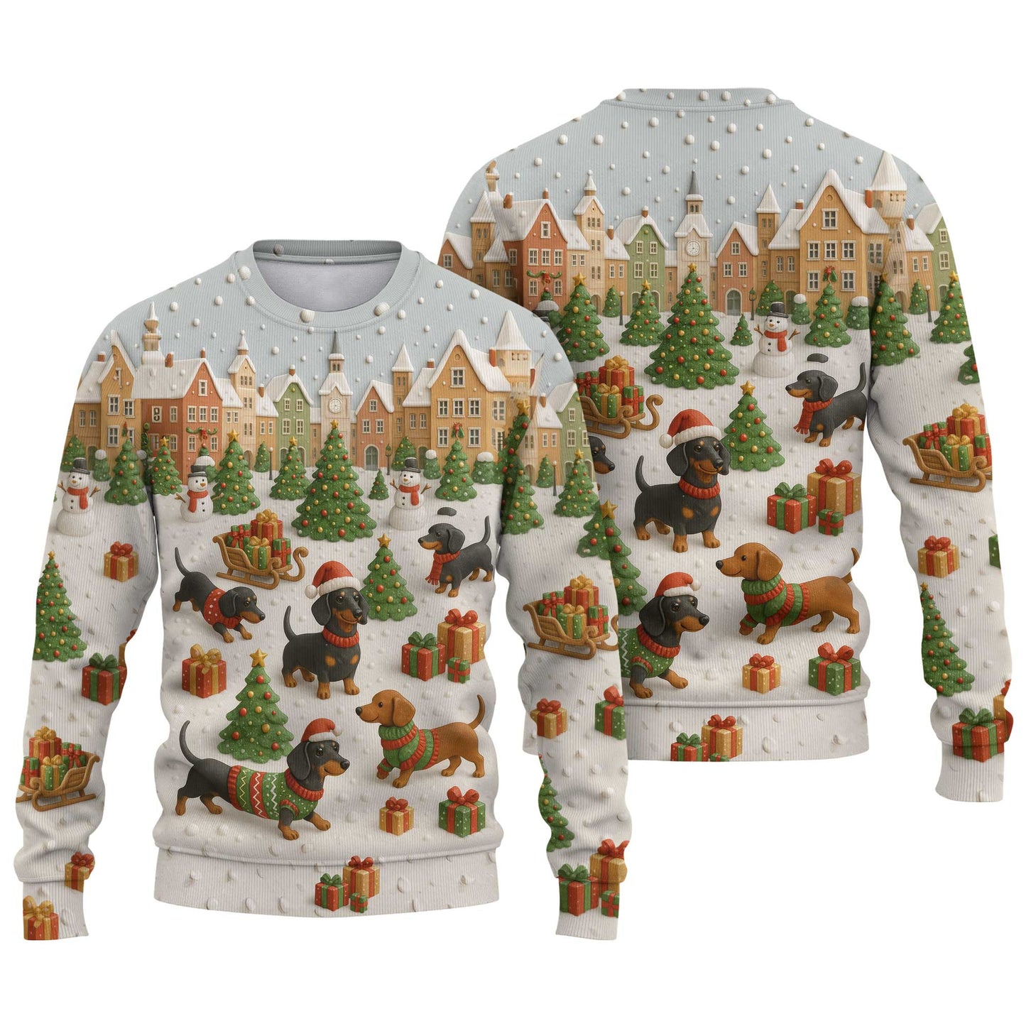 Christmas Dachshund Shirt, Holiday Weenie Dog Shirt, Winter Snow Sweater, Holiday Village Shirt