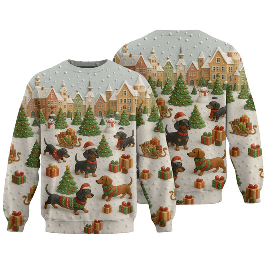 Christmas Dachshund Shirt, Holiday Weenie Dog Shirt, Winter Snow Sweater, Holiday Village Shirt