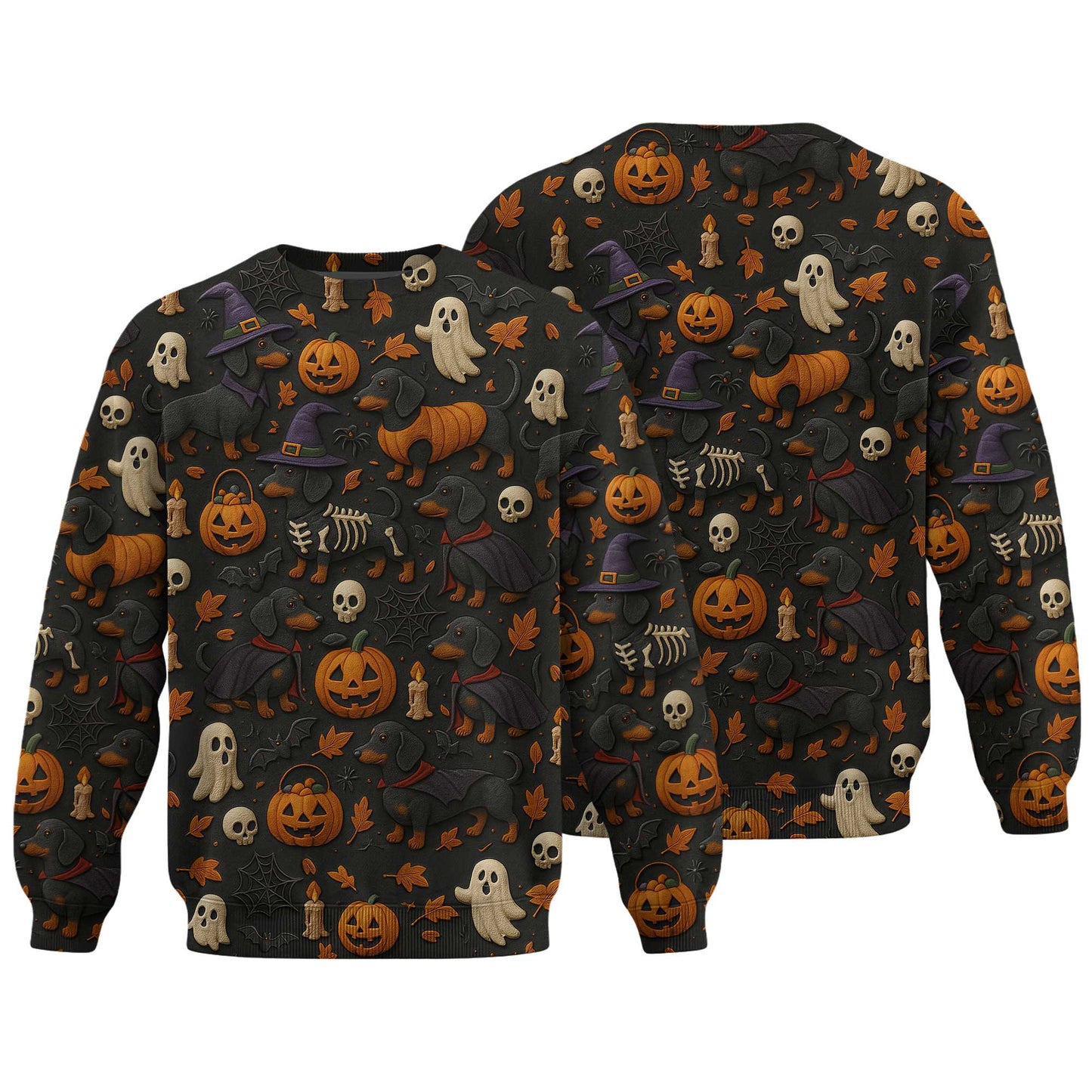 Pattern Dachshund Shirt, Halloween Dog Shirt, Pumpkin Ghost Skeleton Black Shirt