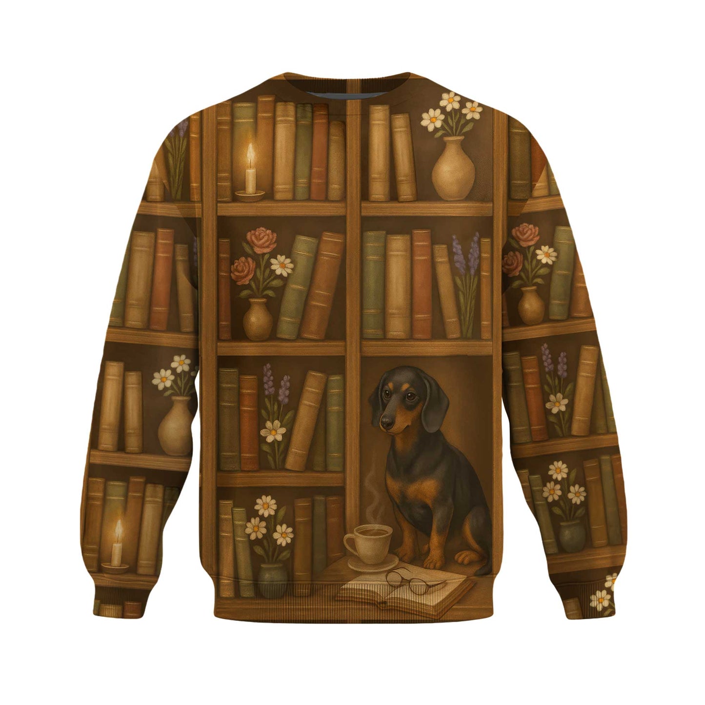Cozy Bookshelf Design With Dog, Coffee And Candlelight, Dachshund Shirt, Dachshund Sweatshirt