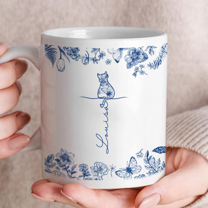 Cat Lover Gift - Chinoiserie Toile De Jouy Style - Personalized White Mug
