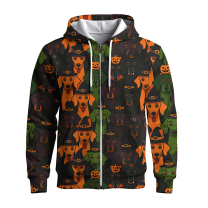 Weenie Dog Halloween With Witch Hat Print, Pattern Polos For Spooky Season, Dachshund Hoodie