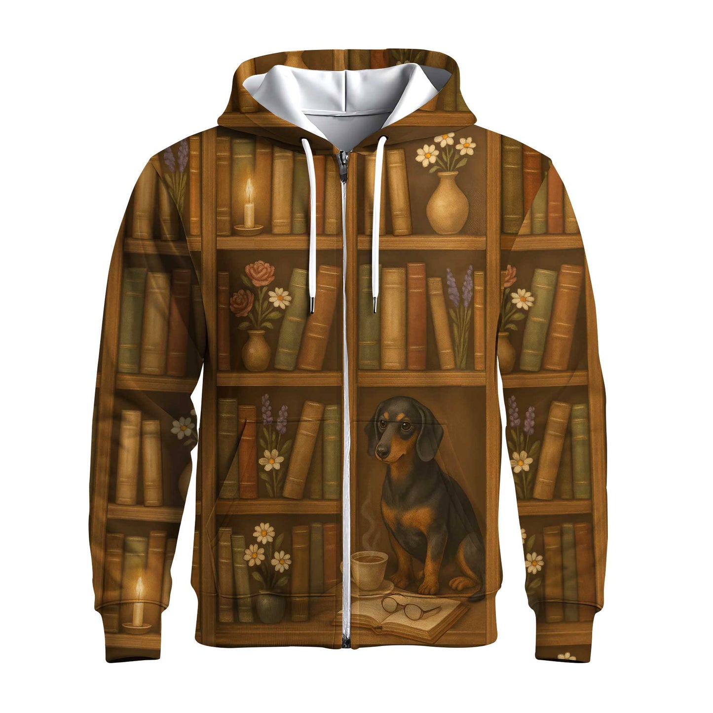 Cozy Bookshelf Design With Dog, Coffee And Candlelight, Dachshund Shirt, Dachshund Sweatshirt