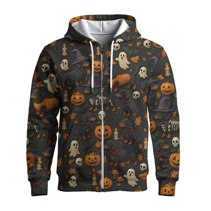Pattern Dachshund Shirt, Halloween Dog Shirt, Pumpkin Ghost Skeleton Black Shirt