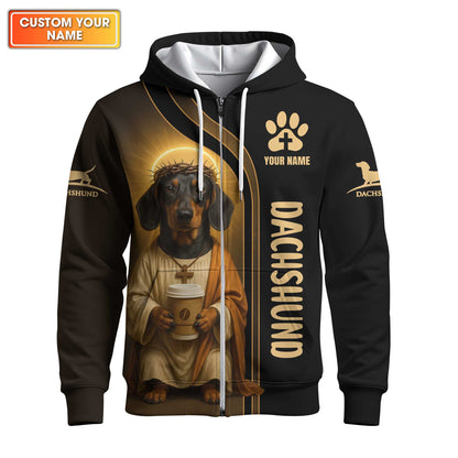 Dachshund Shirt, Weiner Dog T Shirt Jesus Costume With Coffee Cup Custom Name